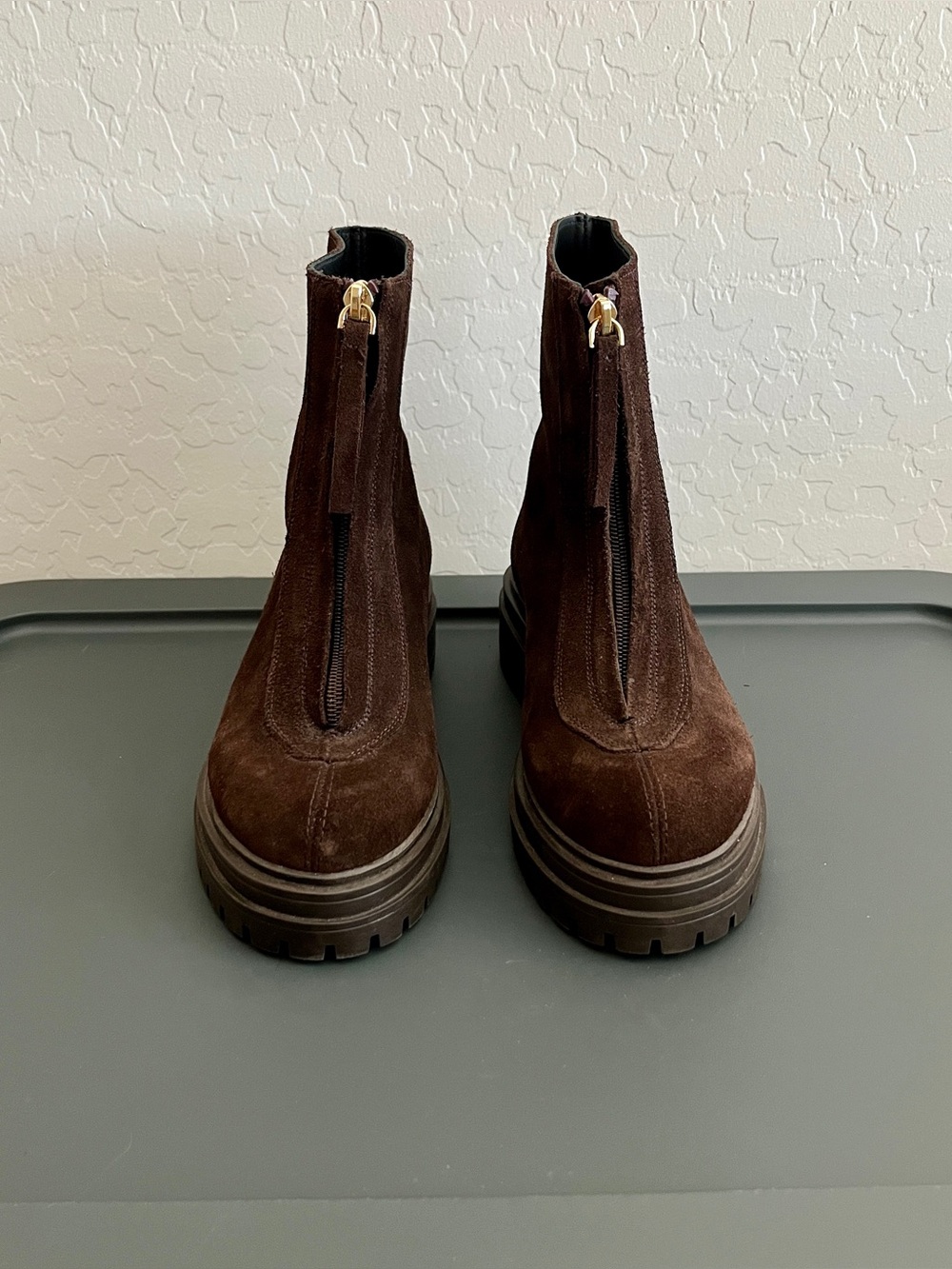 Feners Je T'aime Chocolate Brown Suede Chunky Lug Sole Zip Front Boots